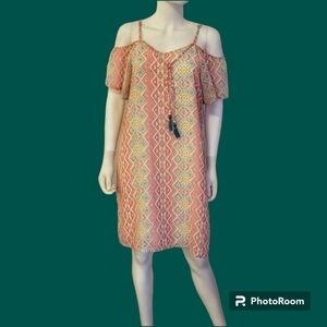 Vtg R CINCO RANCH Pink Southwestern Aztec Cowgirl Cold Shoulder Festival Dress